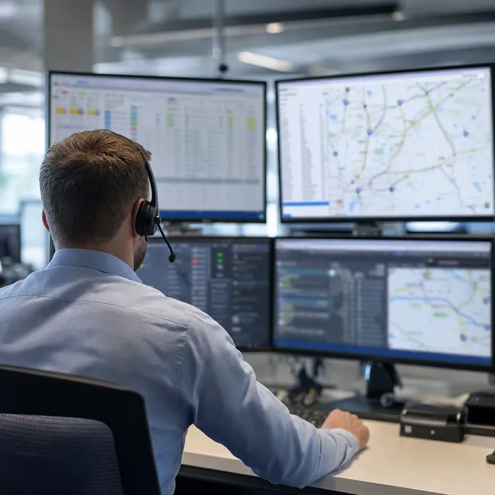 Dispatcher working at a multi-monitor desk
