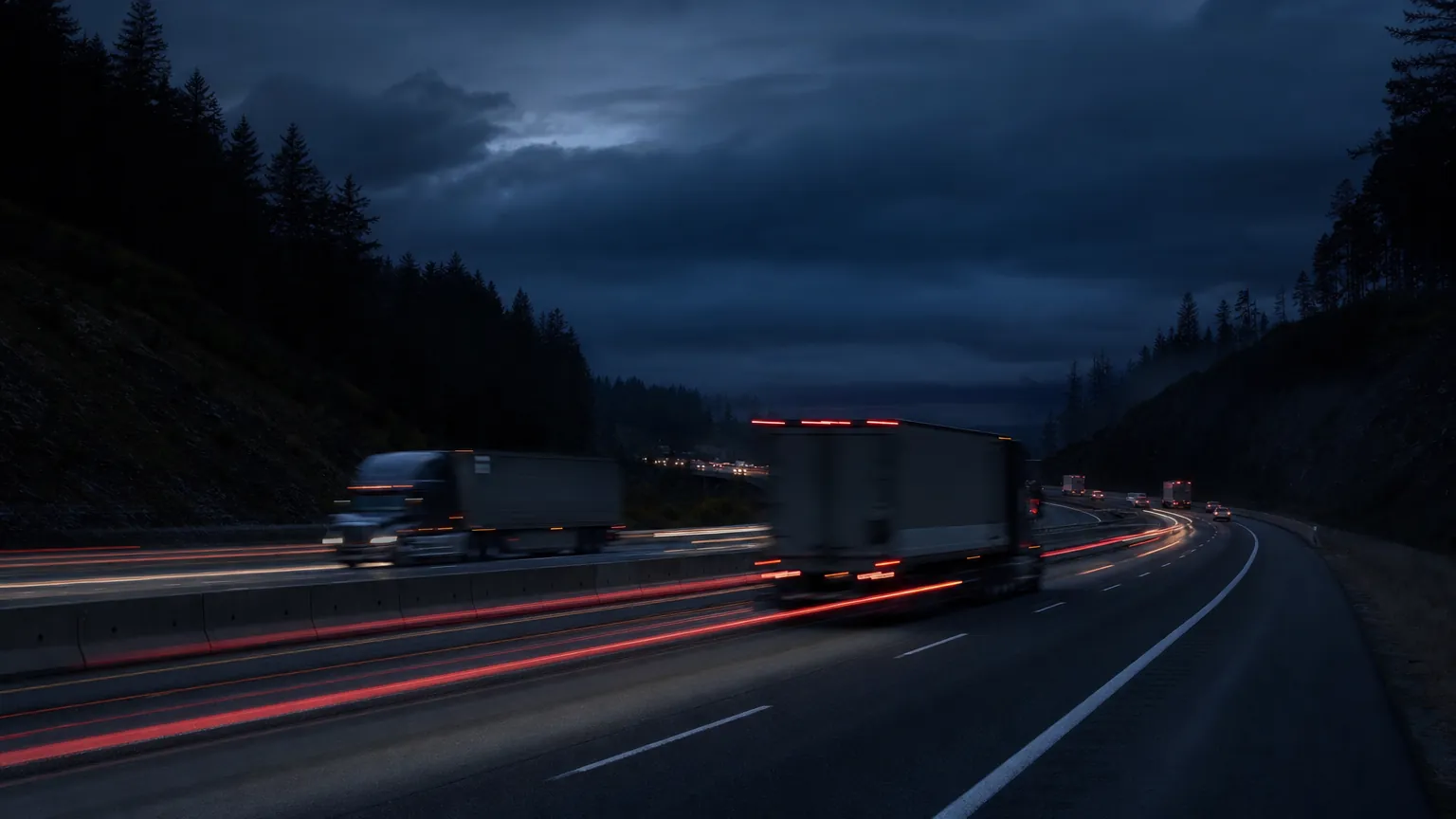 Freight trucks on a highway at dusk